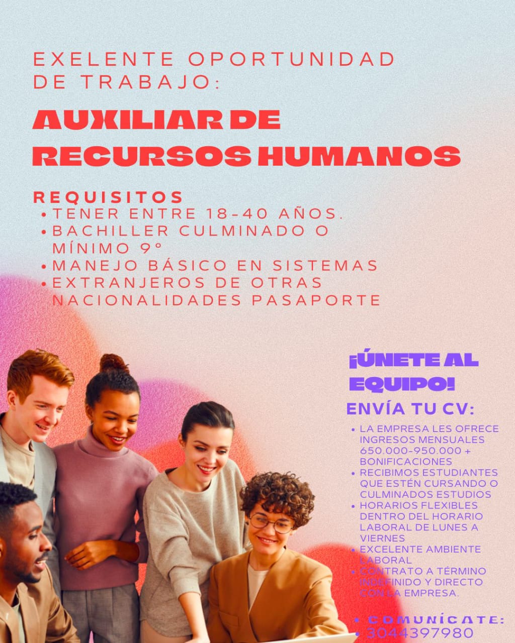 EXELENTE OPORTUNIDAD DE TRABAJO PARA AUXILIAR DE RECURSOSO HUMANO